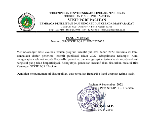 Pengumuman Program Insentif Publikasi Tahun 2022